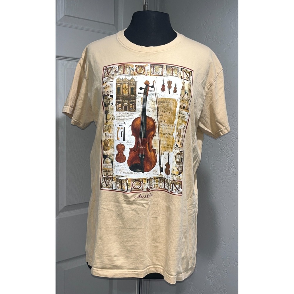 Violin Family Austria Graphic T-Shirt Mens Size L Tan Music Souvenir Tee Cotton